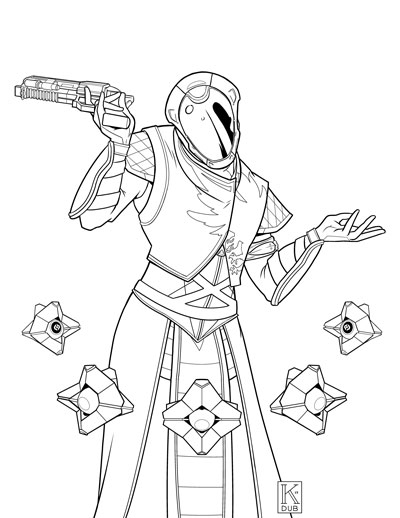 Black and white line art commission of a client’s Warlock from Destiny 2 