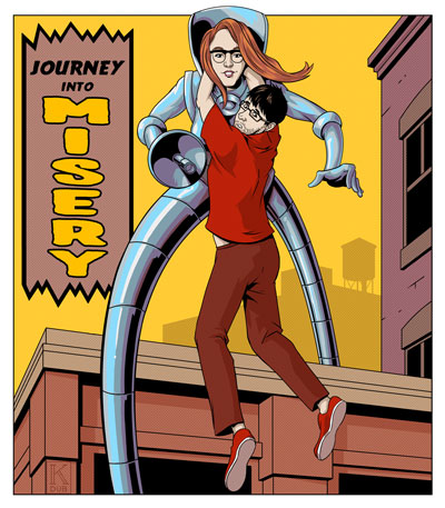 Backer art for the Journey Into Misery Podcast featuring the hosts as Stilt Woman and Daredevil