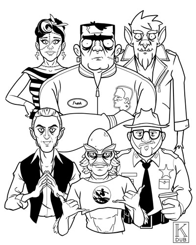 Black and white line art character designs for an unproduced project featuring classic movie monsters